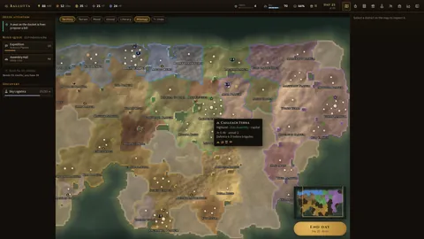 Ballotta’s map on day 25 of a standard game: districts named after real features of Venus, washed in the colour of the polity that holds them, with a card for Cailleach Terra, the Aino Assembly’s capital, showing 5.9k people, unrest 2 and defence 6.5.