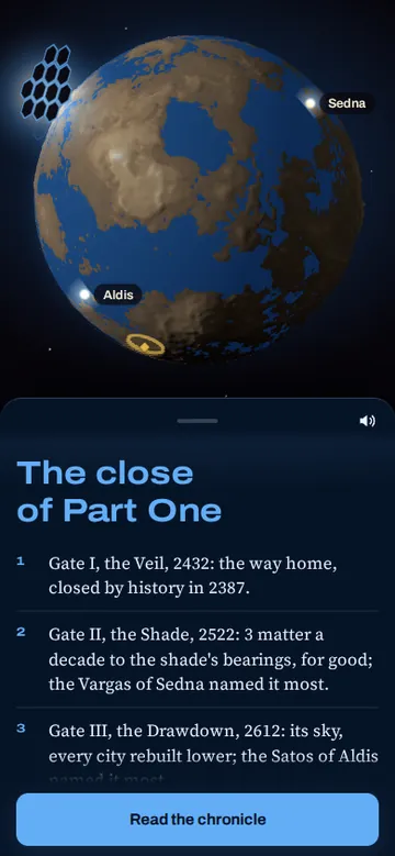 The close of Part One on a phone: Venus with blue seas and brown highlands, and a numbered account of each gate, starting with Gate I, the Veil, 2432: the way home, closed by history in 2387.