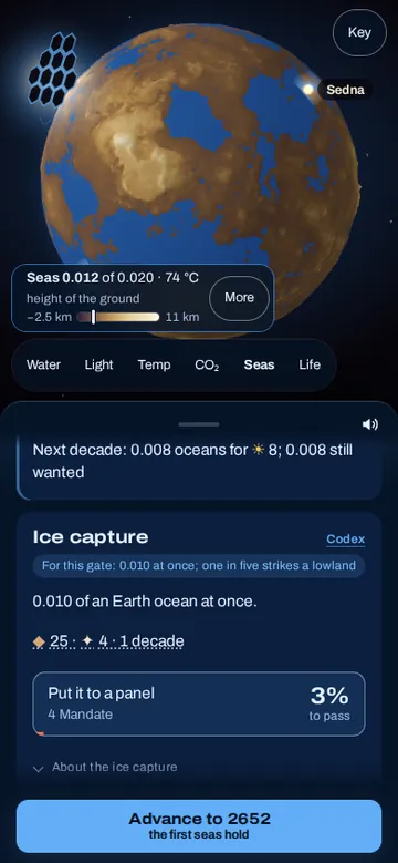 Baltis on a phone at Gate IV, the Water: the globe in the Seas lens with blue seas filling the lowlands, the sunshade in orbit, and the Ice capture card, 0.010 of an Earth ocean at once, with a 3% chance to pass its panel.