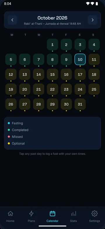 Fasten’s Calendar for October 2026 with the Hijri months Rabi’ al-Thani to Jumada al-Awwal 1448 AH under the title, fast days marked with coloured dots, a key for fasting, completed, missed and optional, and the note that any past day can be logged with your own times.